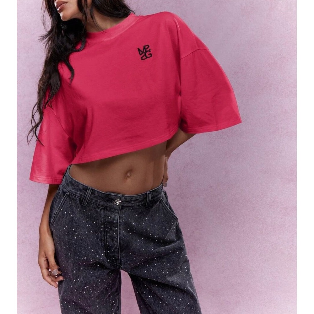 Missguided MSG Red Cropped Boxy T-Shirt Embroidered Logo Crew Neck Tee NWT
